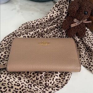 Coach Zip-Around Pebbled Leather Wallet in Brown with Gold Hardware